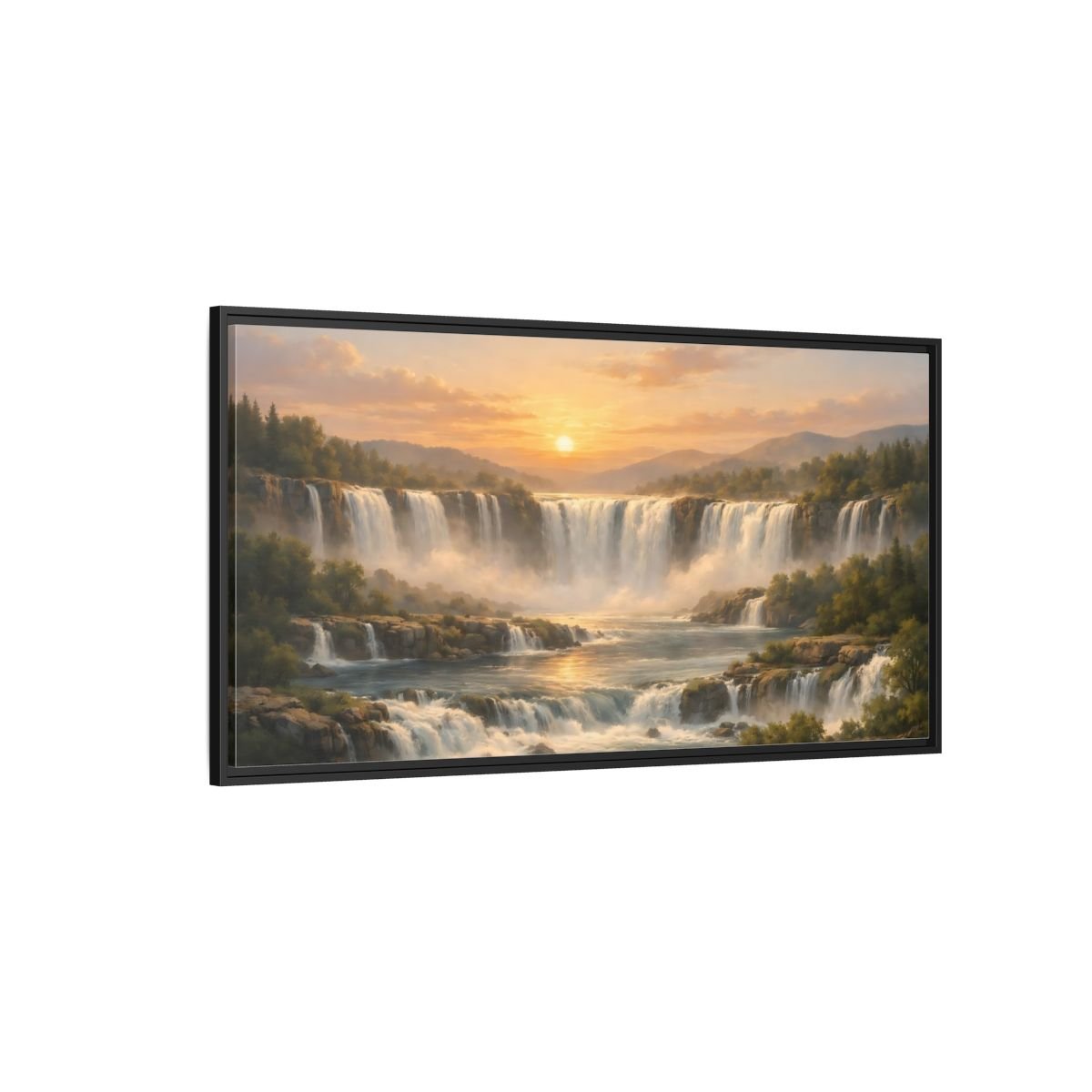 Landscape Nature Waterfall Golden - Framed Canvas Wall Art Print - YesArtYes