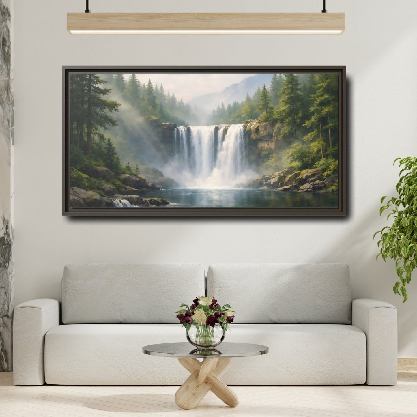 Landscape Nature Waterfall Green - Framed Canvas Wall Art Print - YesArtYes