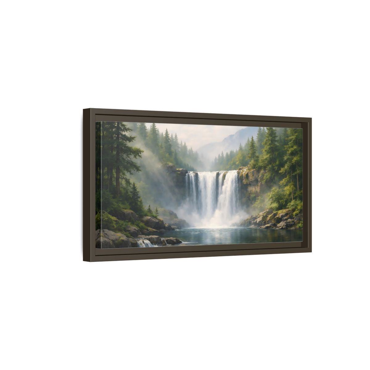 Side Mockup 7. Nature Waterfall Green Waterfall shown as stretched canvas wall art