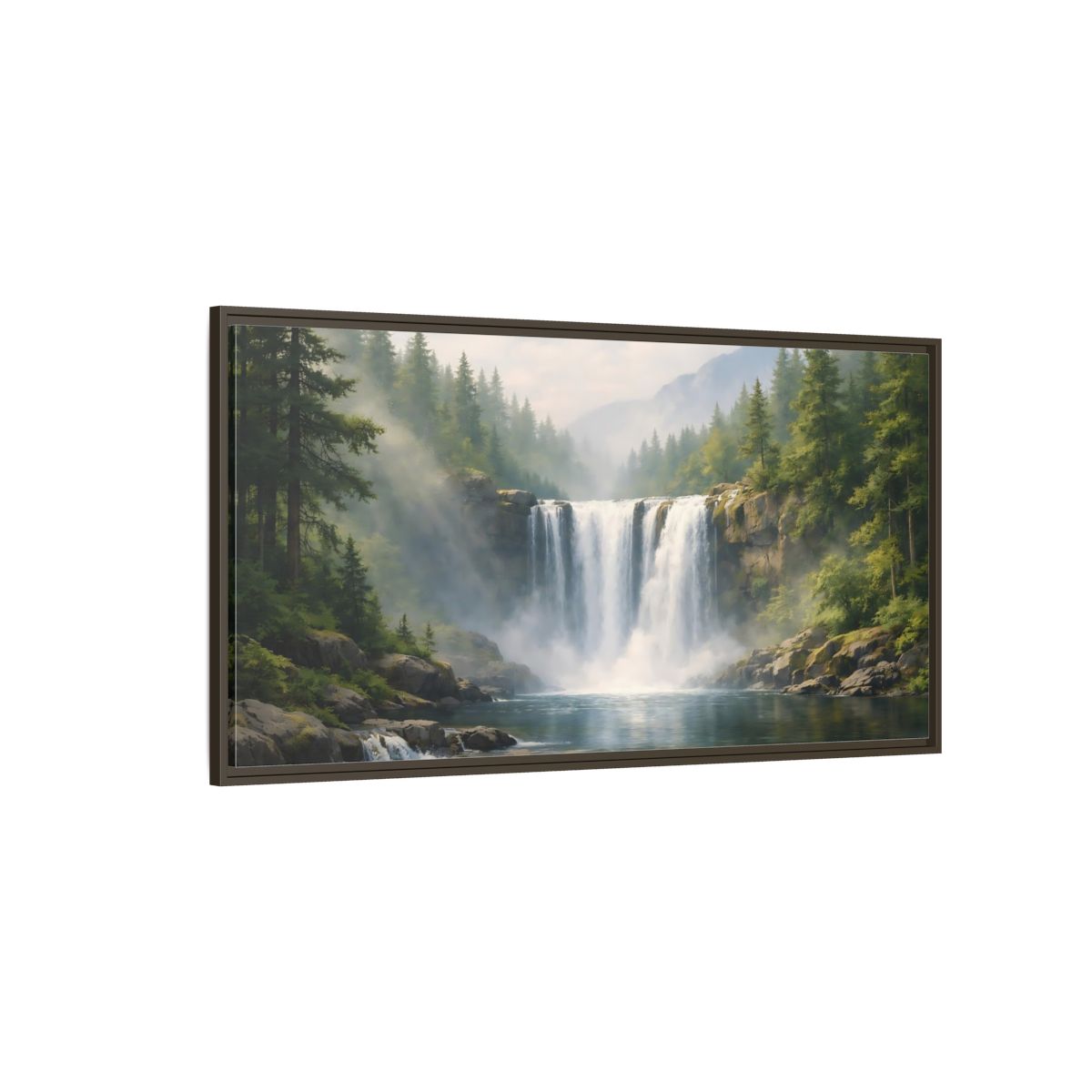 Side Mockup 4. Nature Waterfall Green Waterfall shown as stretched canvas wall art