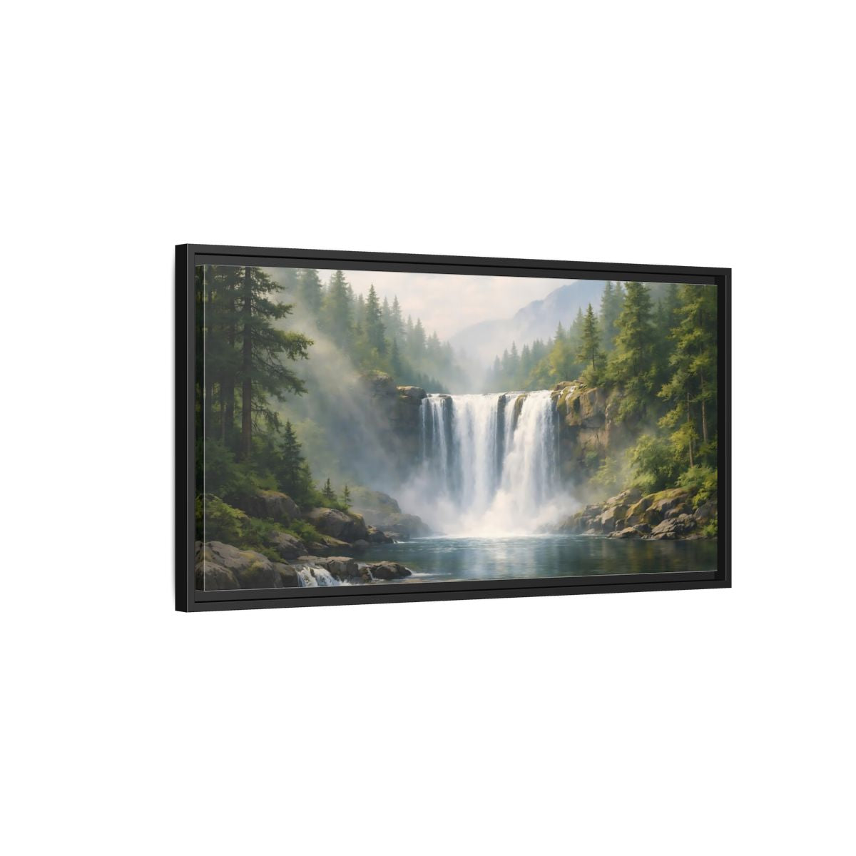 Side Mockup 2. Nature Waterfall Green Waterfall shown as stretched canvas wall art