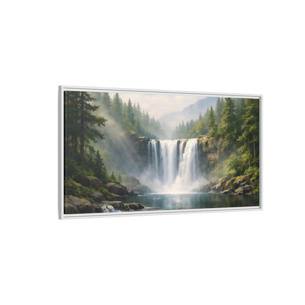 Side Mockup 3. Nature Waterfall Green Waterfall shown as stretched canvas wall art
