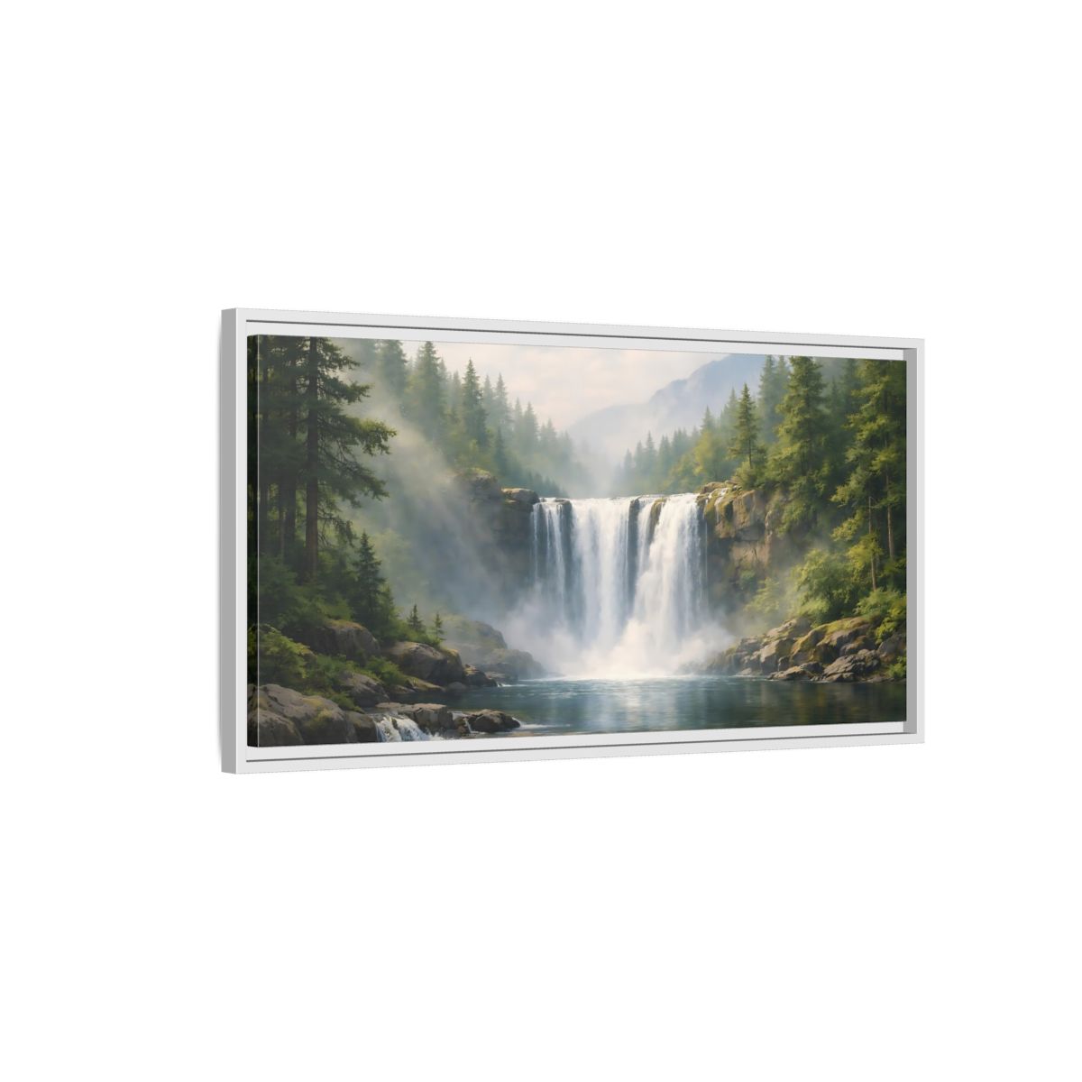 Side Mockup 1. Nature Waterfall Green Waterfall shown as stretched canvas wall art