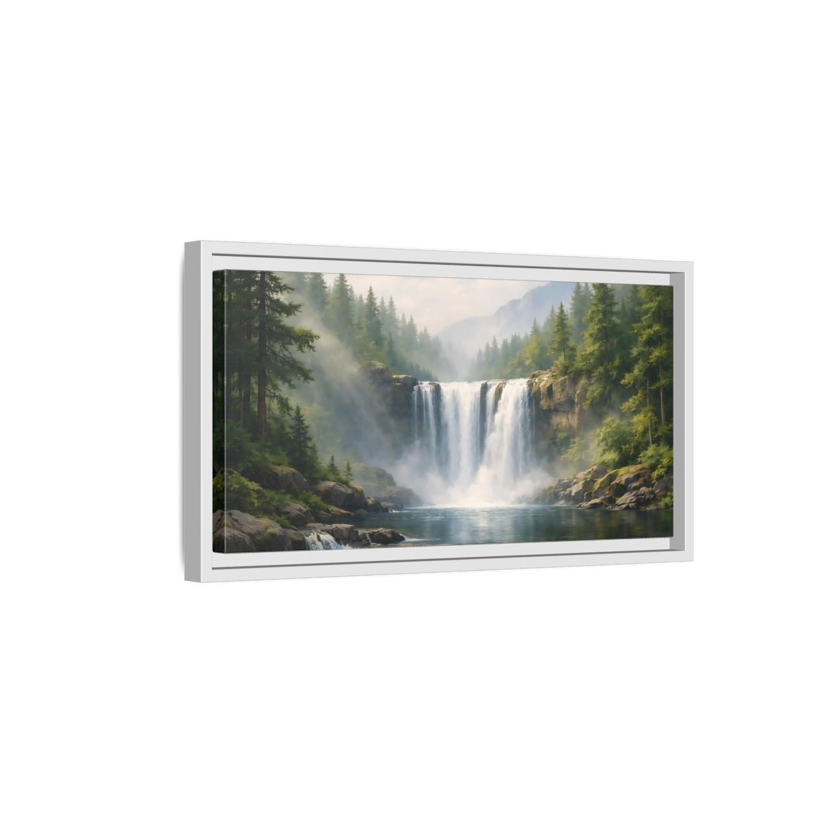 Side Mockup 6. Nature Waterfall Green Waterfall shown as stretched canvas wall art