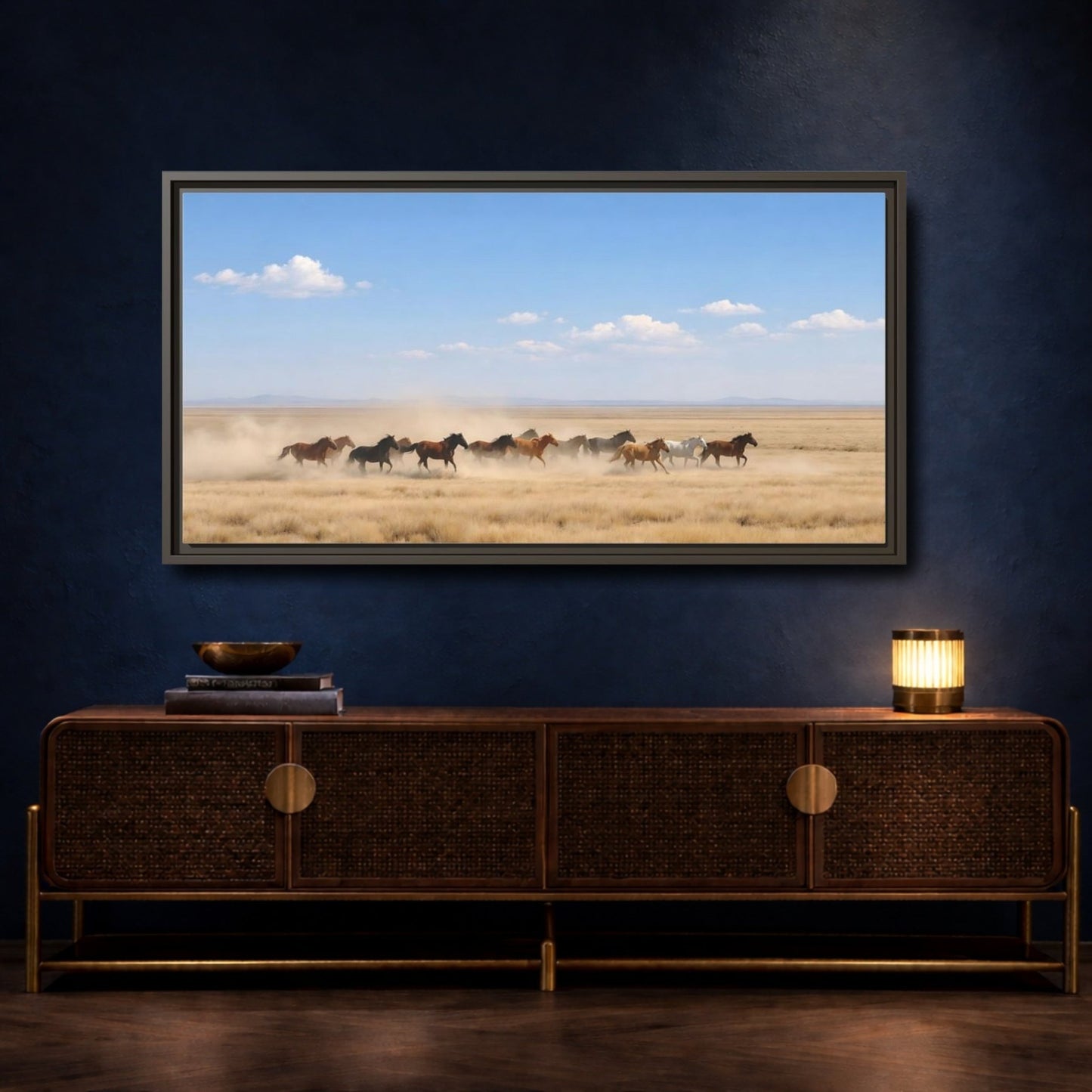 Landscape Nature Wild Horses Brown And - Framed Canvas Wall Art Print - YesArtYes