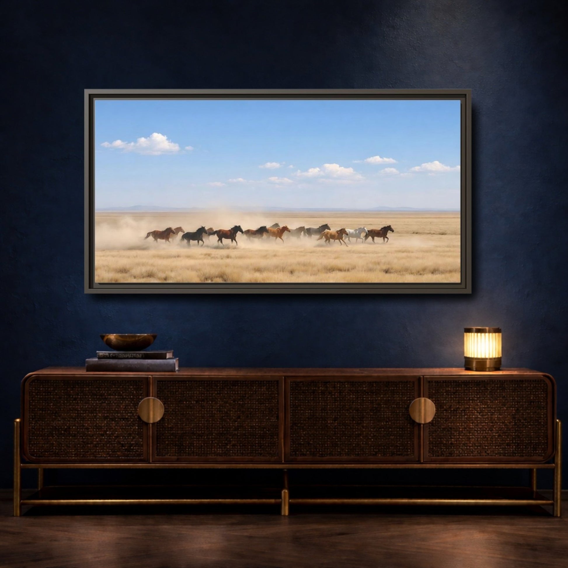 Landscape Nature Wild Horses Brown And - Framed Canvas Wall Art Print - YesArtYes