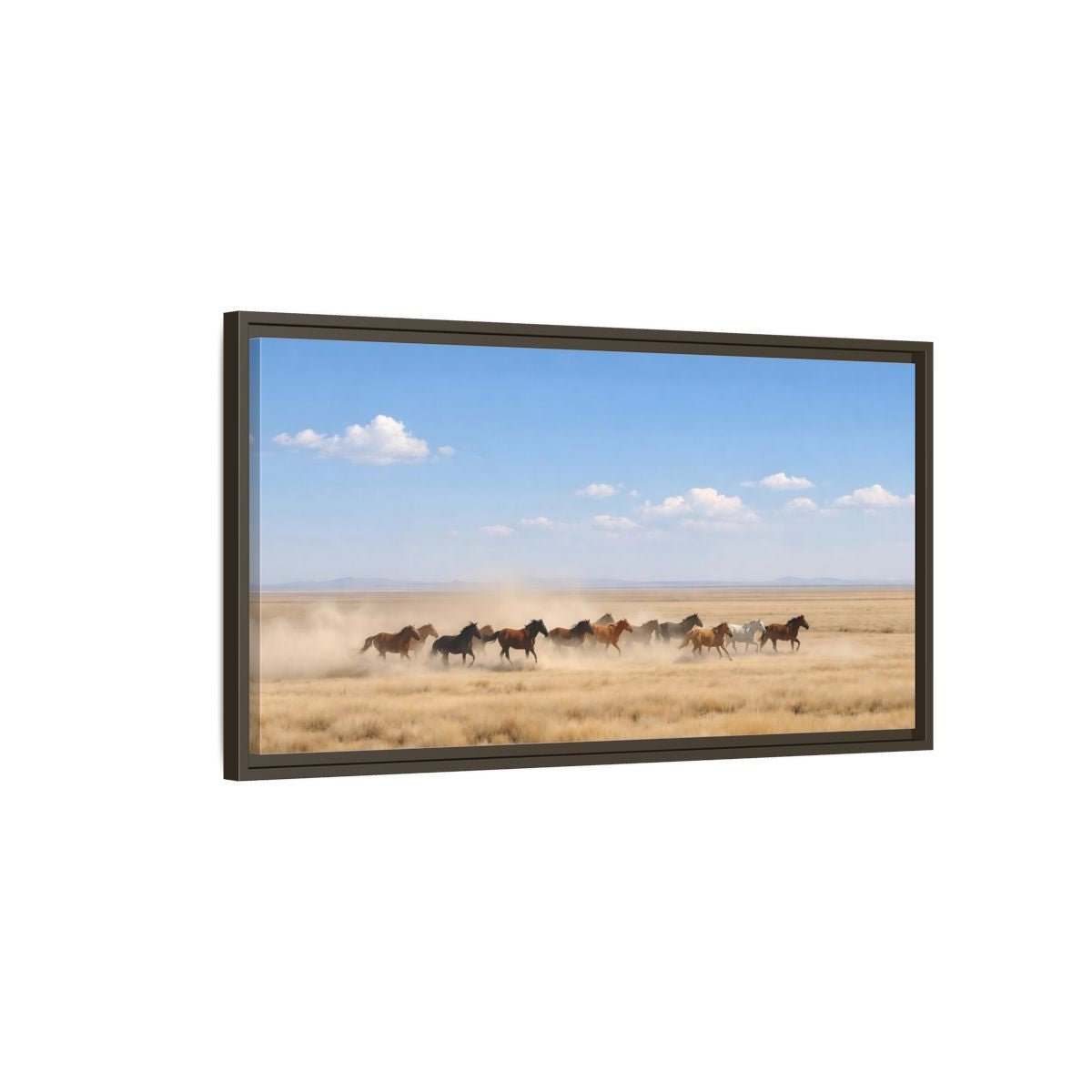 Landscape Nature Wild Horses Brown And - Framed Canvas Wall Art Print - YesArtYes