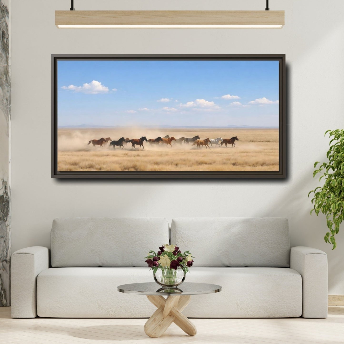 Landscape Nature Wild Horses Brown And - Framed Canvas Wall Art Print - YesArtYes