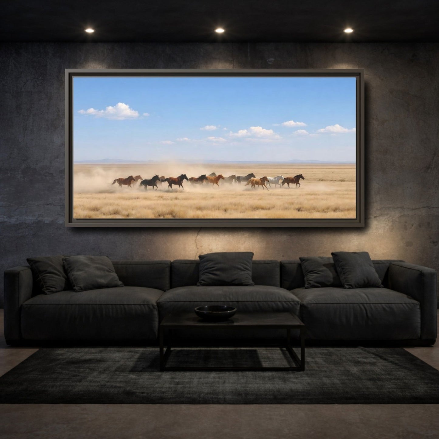 Landscape Nature Wild Horses Brown And - Framed Canvas Wall Art Print - YesArtYes