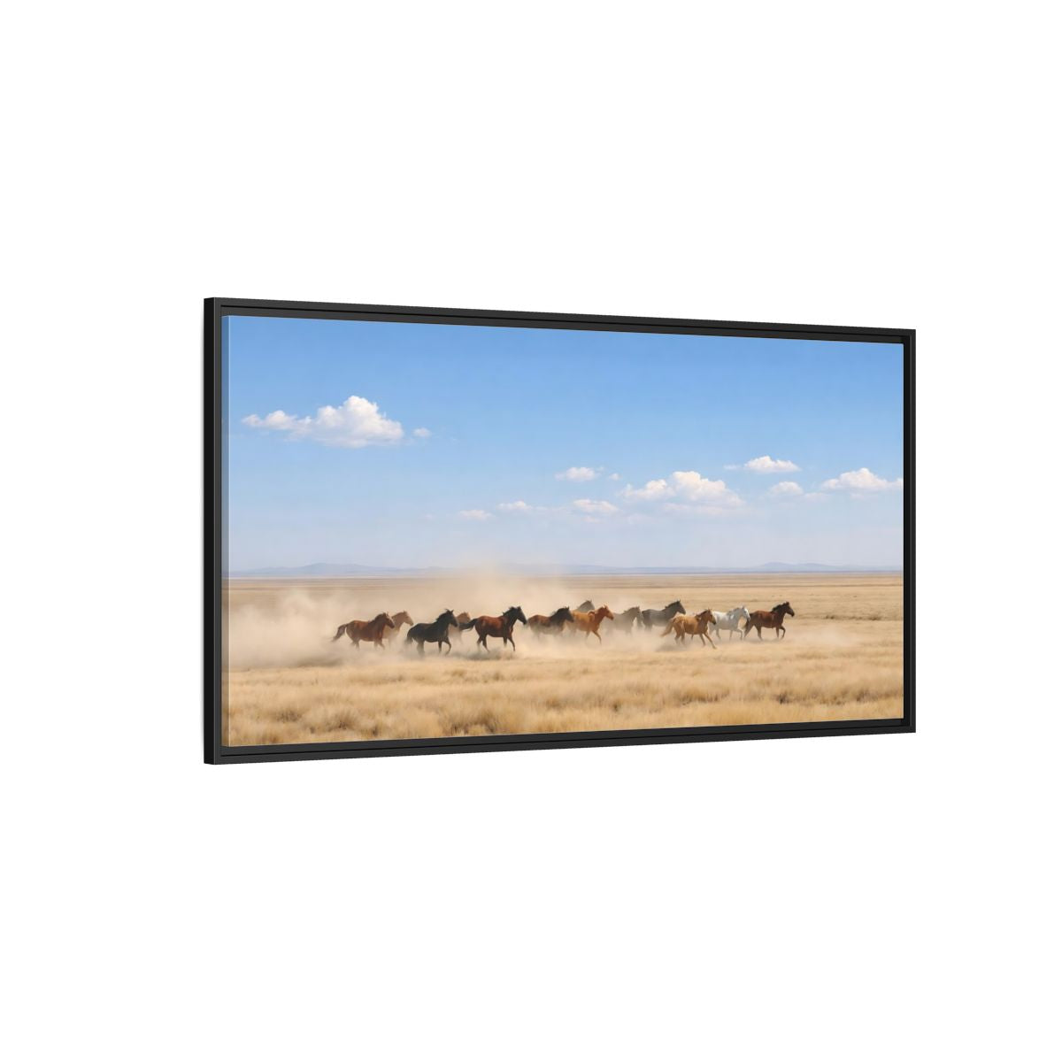 Side Mockup 5. Nature Wild Horses Brown And Blue shown as stretched canvas wall art