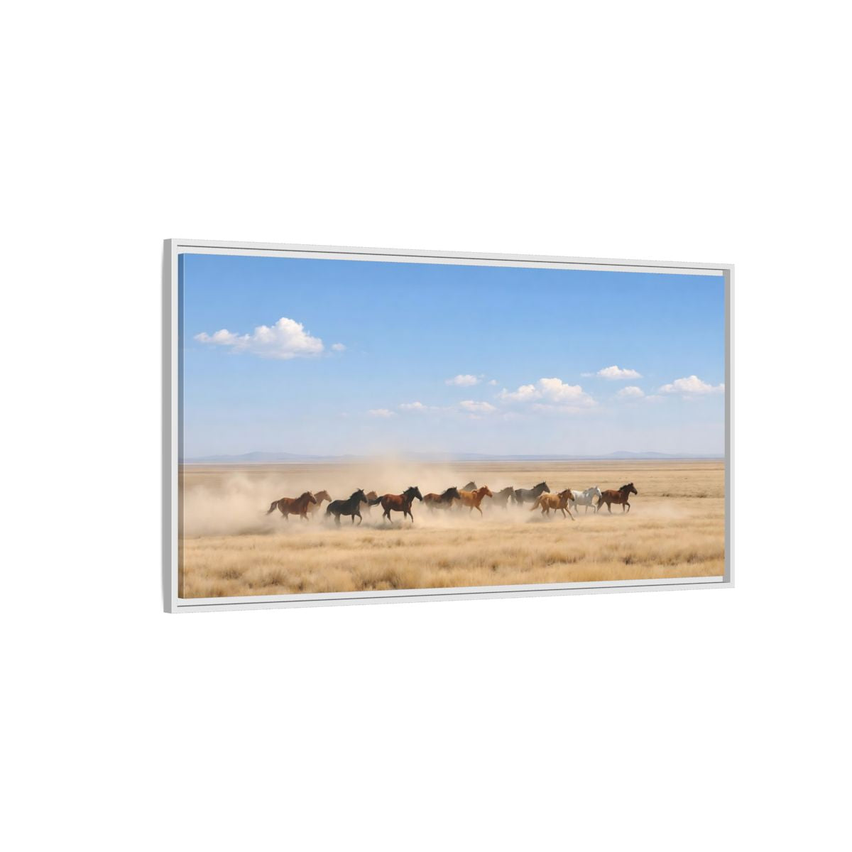 Side Mockup 3. Nature Wild Horses Brown And Blue shown as stretched canvas wall art