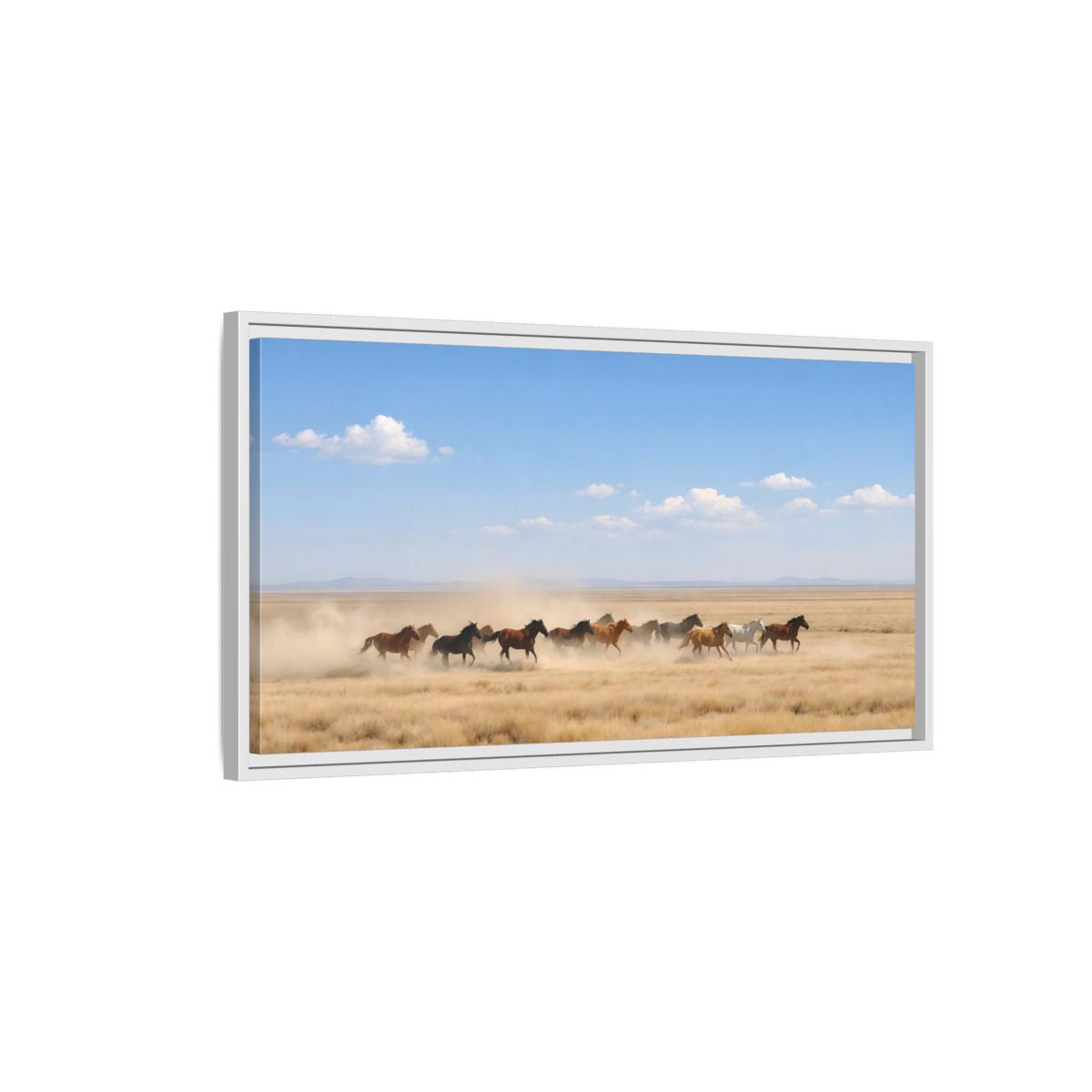 Side Mockup 1. Nature Wild Horses Brown And Blue shown as stretched canvas wall art