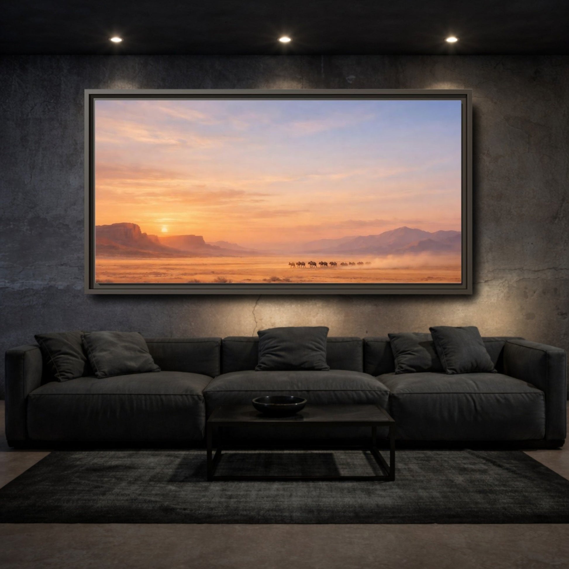 Landscape Nature Wildebeest Desert Sunset - Framed Canvas Wall Art Print - YesArtYes