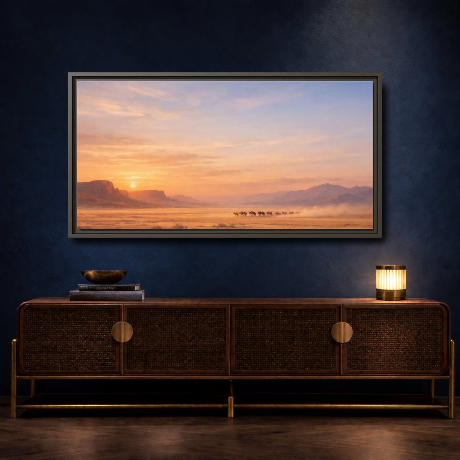 Landscape Nature Wildebeest Desert Sunset - Framed Canvas Wall Art Print - YesArtYes