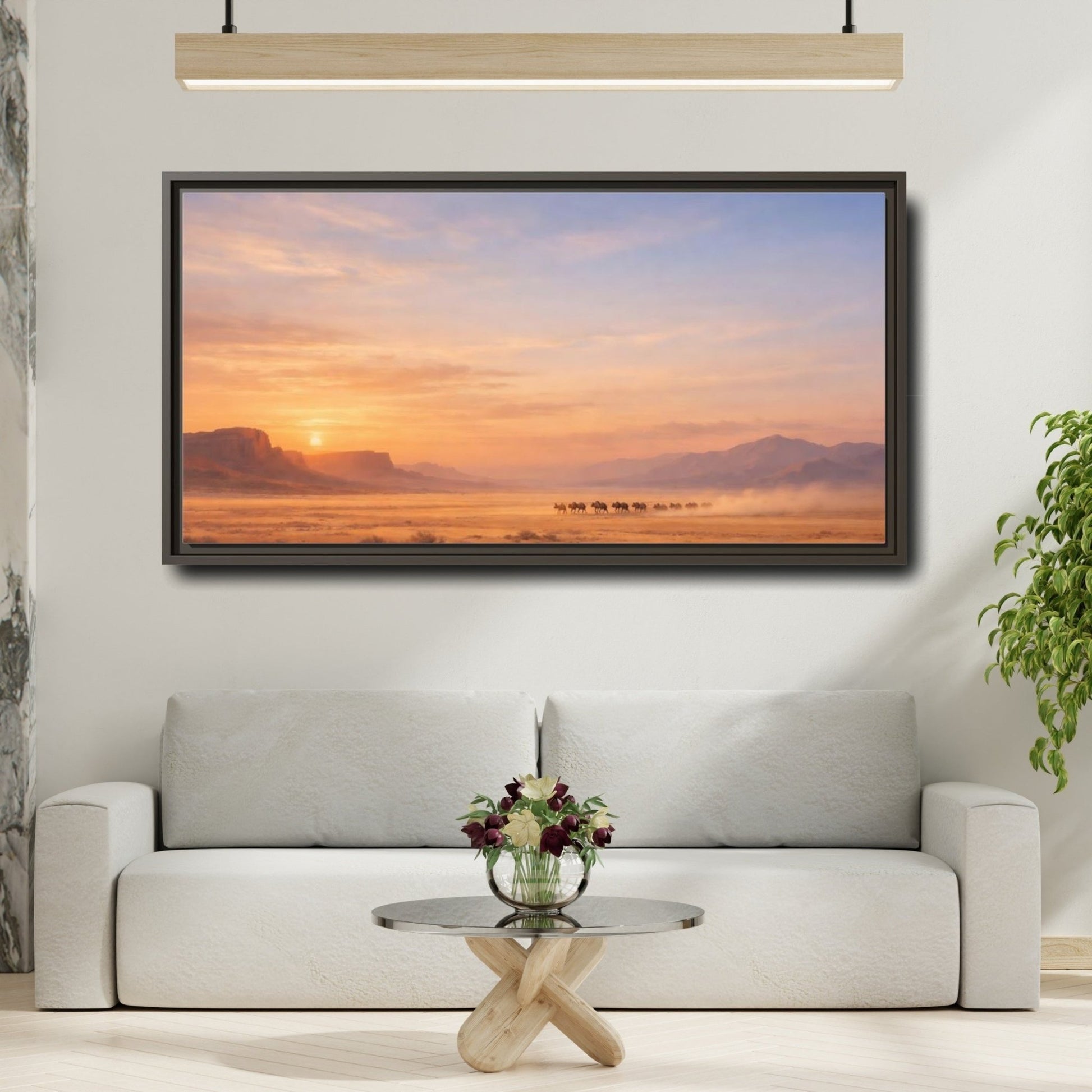 Landscape Nature Wildebeest Desert Sunset - Framed Canvas Wall Art Print - YesArtYes