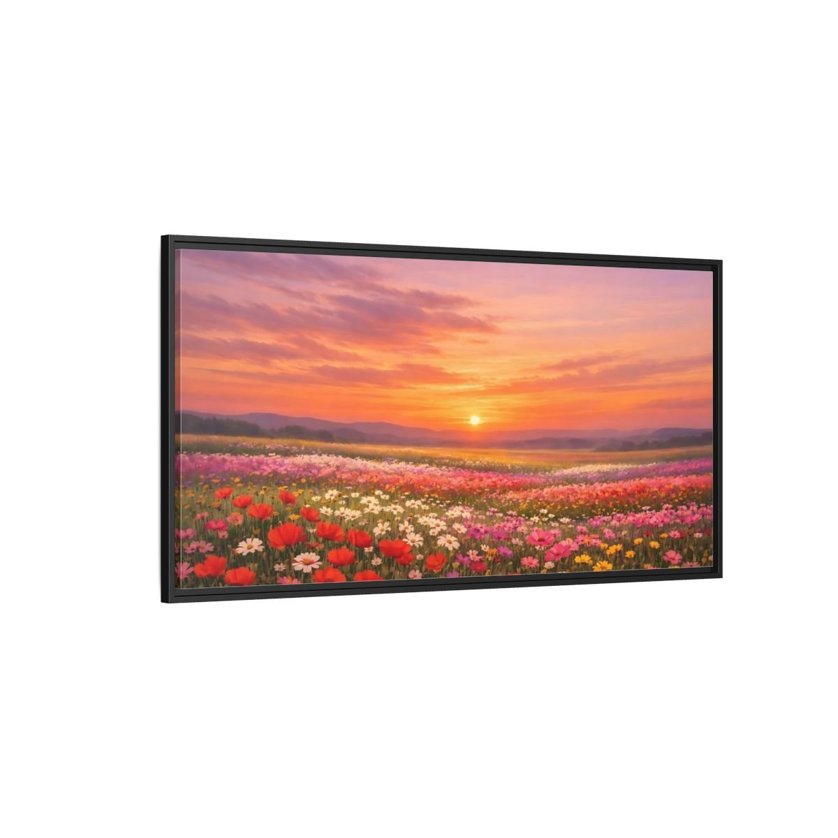 Landscape Nature Wildflower Field Sunset Flower - Framed Canvas Wall Art Print - YesArtYes