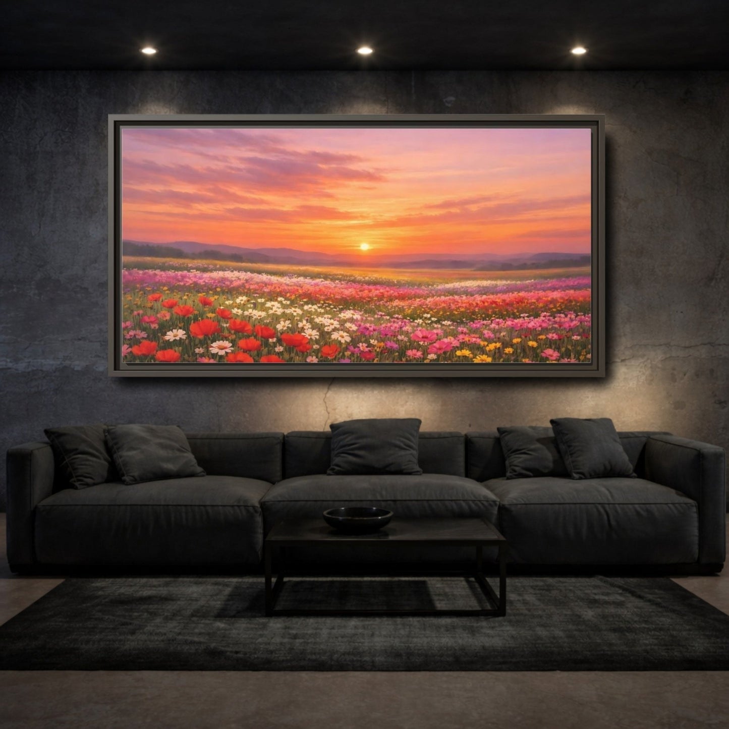 Landscape Nature Wildflower Field Sunset Flower - Framed Canvas Wall Art Print - YesArtYes