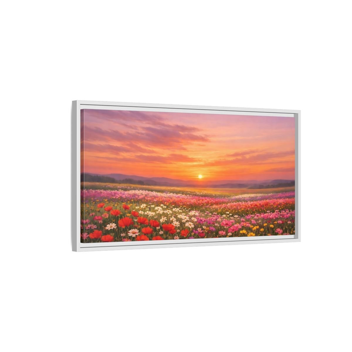 Landscape Nature Wildflower Field Sunset Flower - Framed Canvas Wall Art Print - YesArtYes
