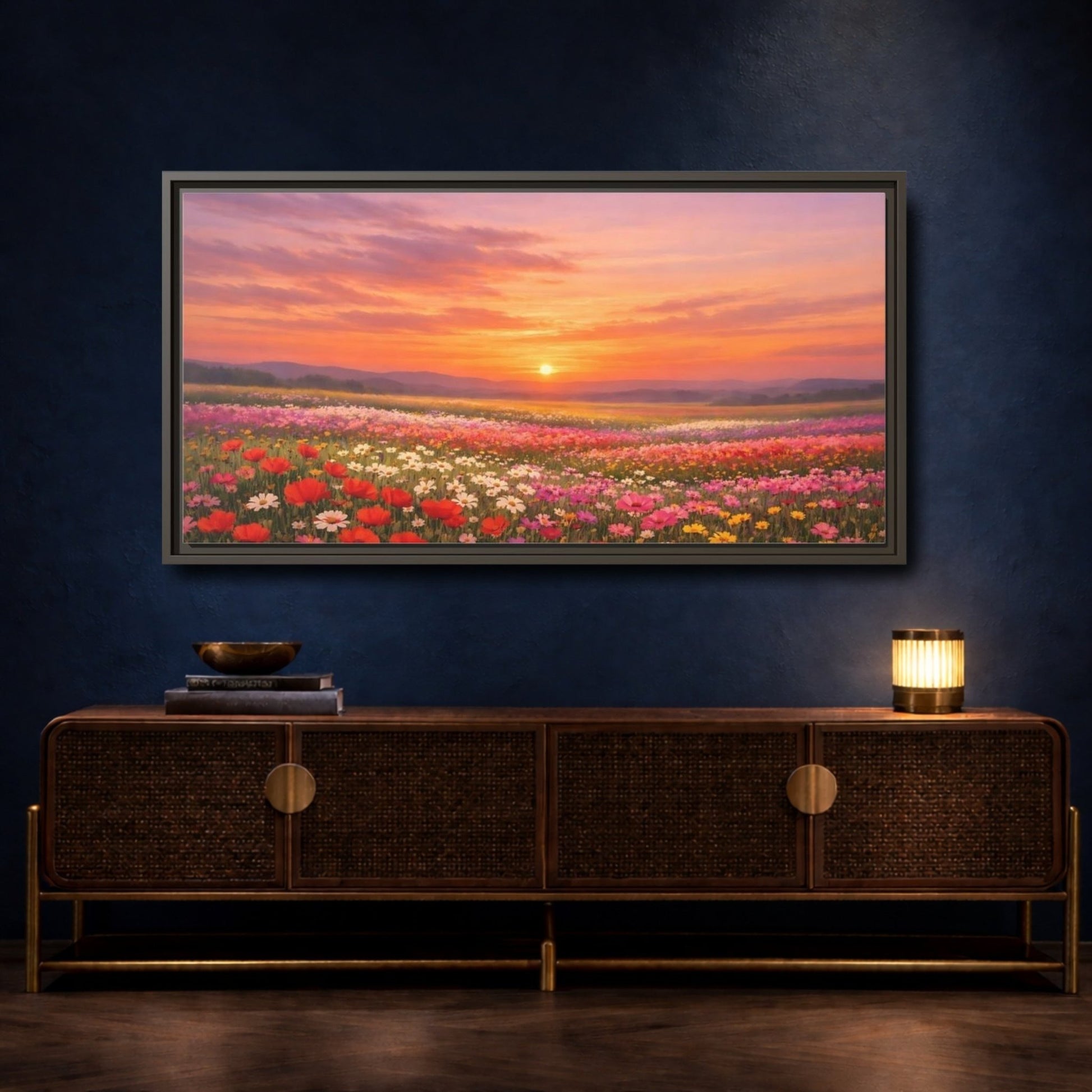 Landscape Nature Wildflower Field Sunset Flower - Framed Canvas Wall Art Print - YesArtYes