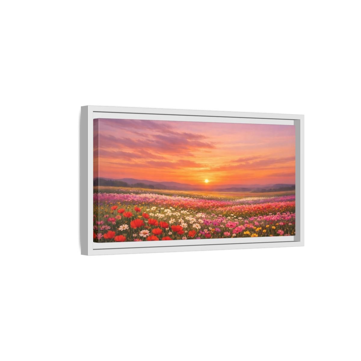 Landscape Nature Wildflower Field Sunset Flower - Framed Canvas Wall Art Print - YesArtYes