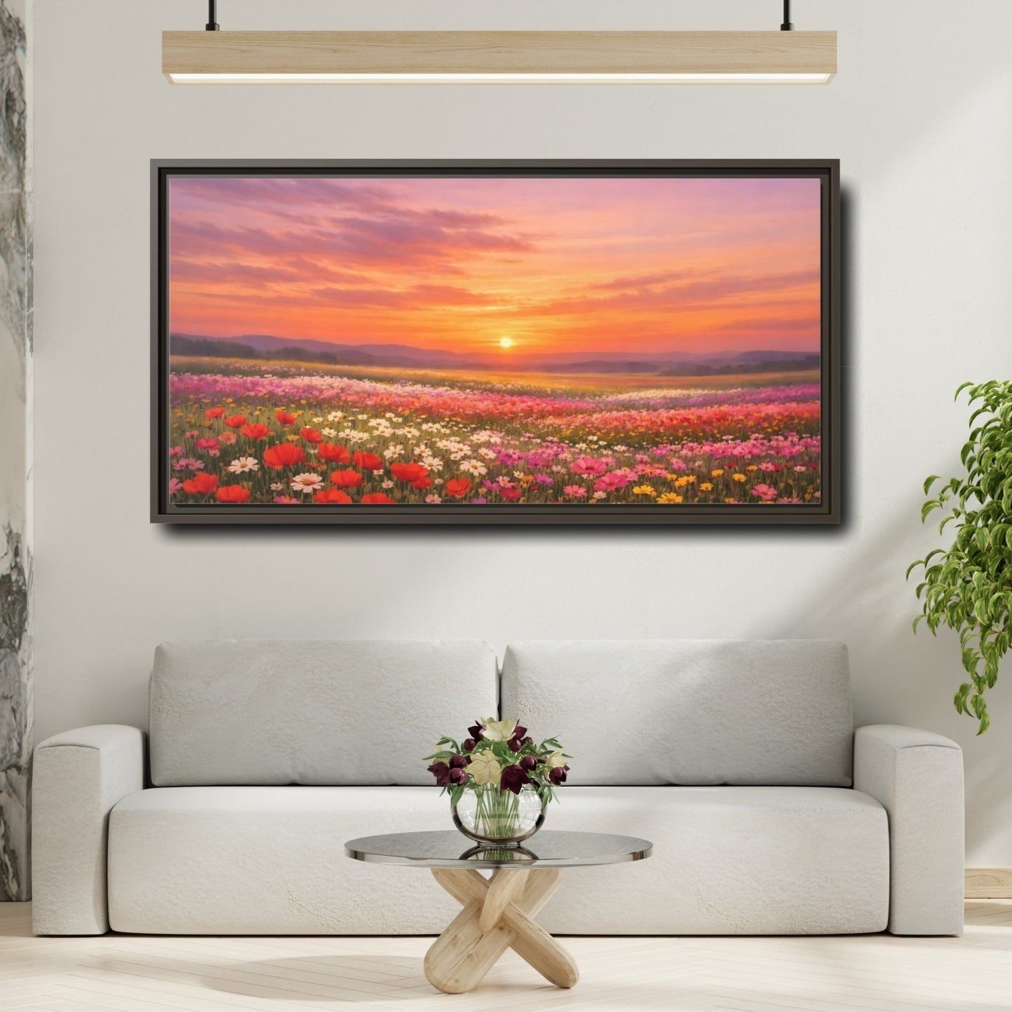Landscape Nature Wildflower Field Sunset Flower - Framed Canvas Wall Art Print - YesArtYes