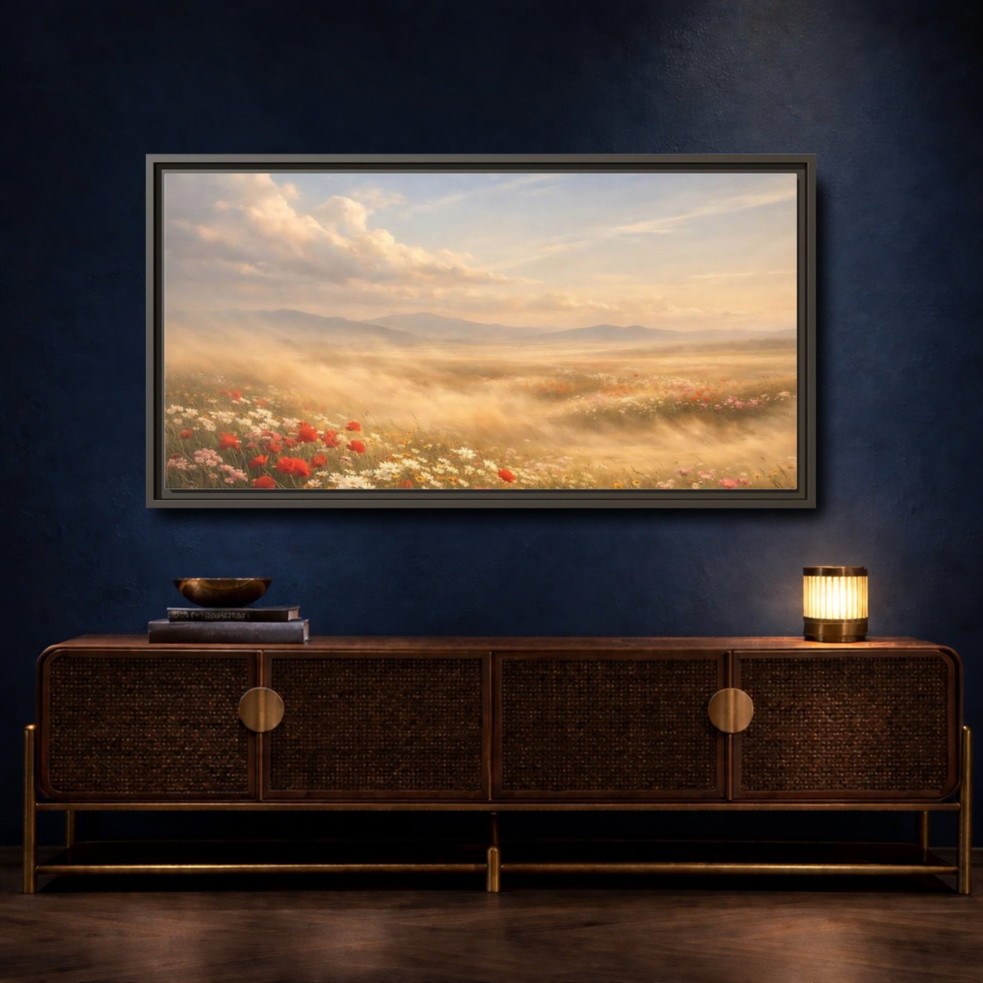 Landscape Nature Wildflower Meadow Golden - Framed Canvas Wall Art Print - YesArtYes