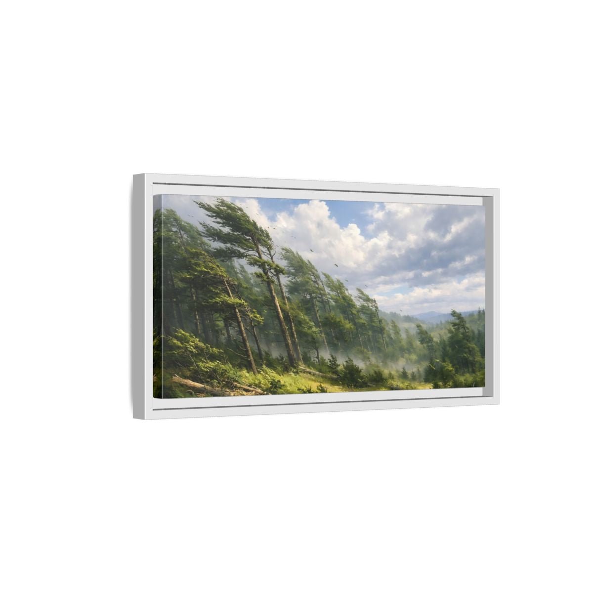 Landscape Nature Wind - Blown Trees Green And - Framed Canvas Wall Art Print - YesArtYes