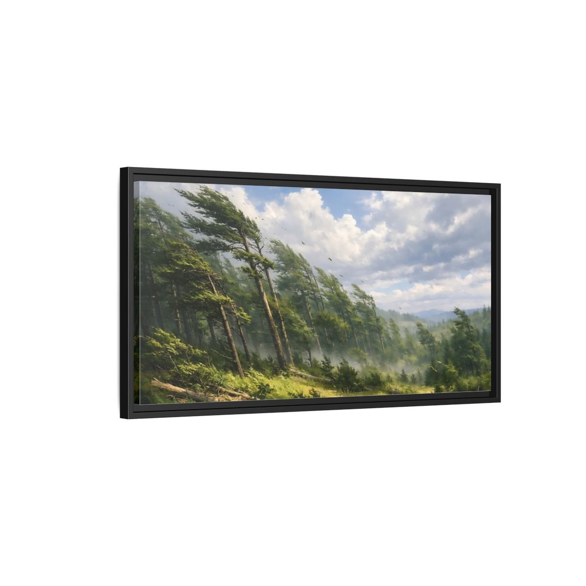 Landscape Nature Wind - Blown Trees Green And - Framed Canvas Wall Art Print - YesArtYes
