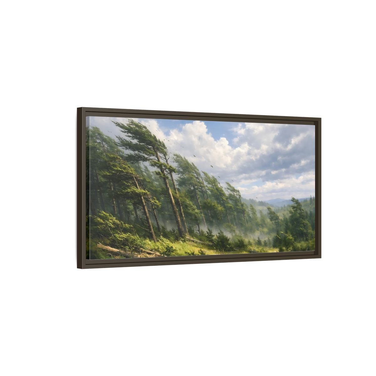 Landscape Nature Wind - Blown Trees Green And - Framed Canvas Wall Art Print - YesArtYes