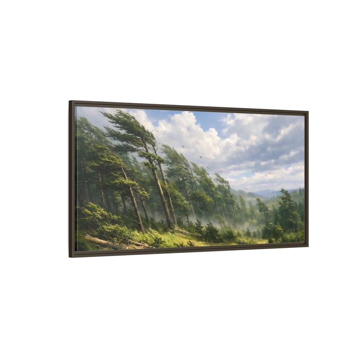 Landscape Nature Wind - Blown Trees Green And - Framed Canvas Wall Art Print - YesArtYes