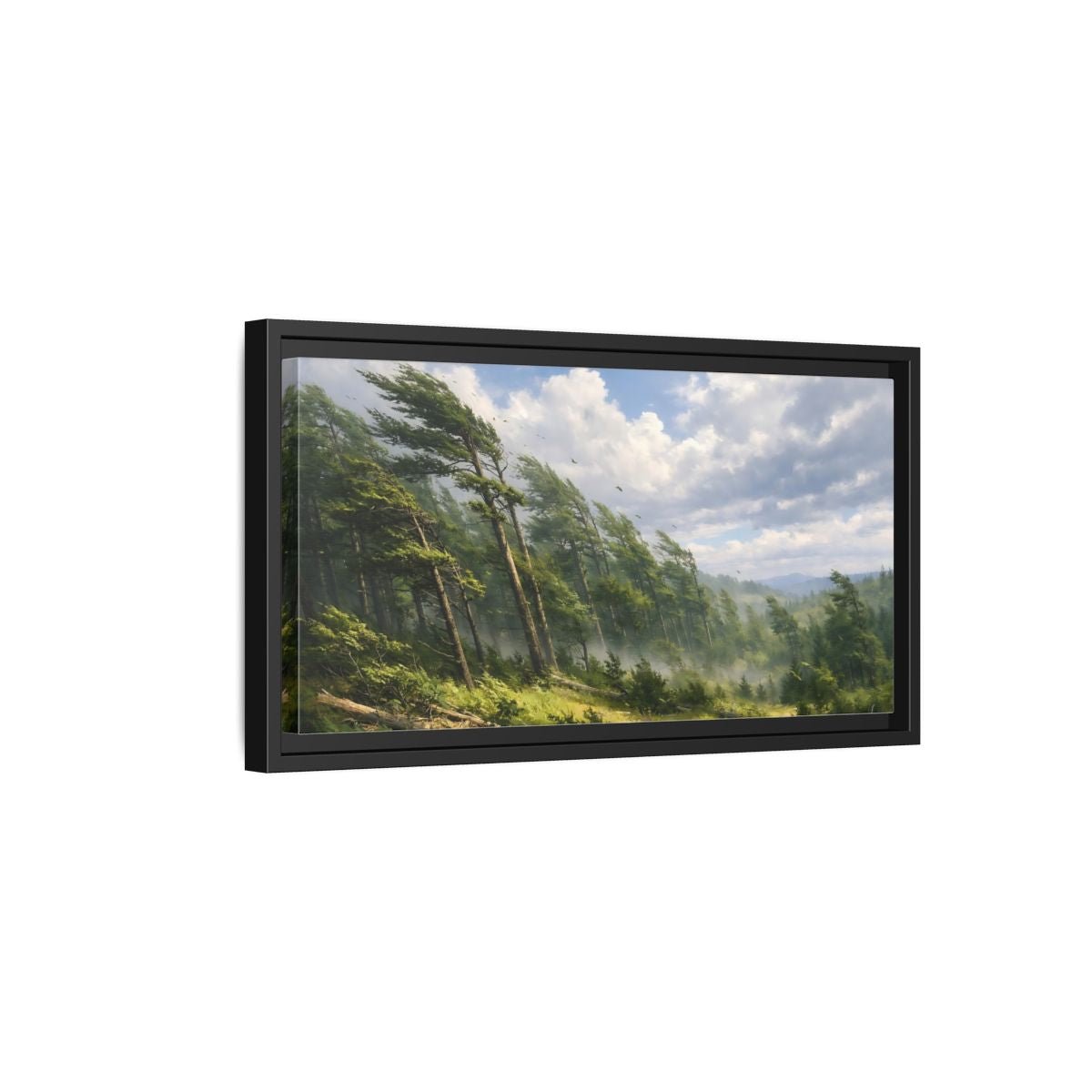 Landscape Nature Wind - Blown Trees Green And - Framed Canvas Wall Art Print - YesArtYes