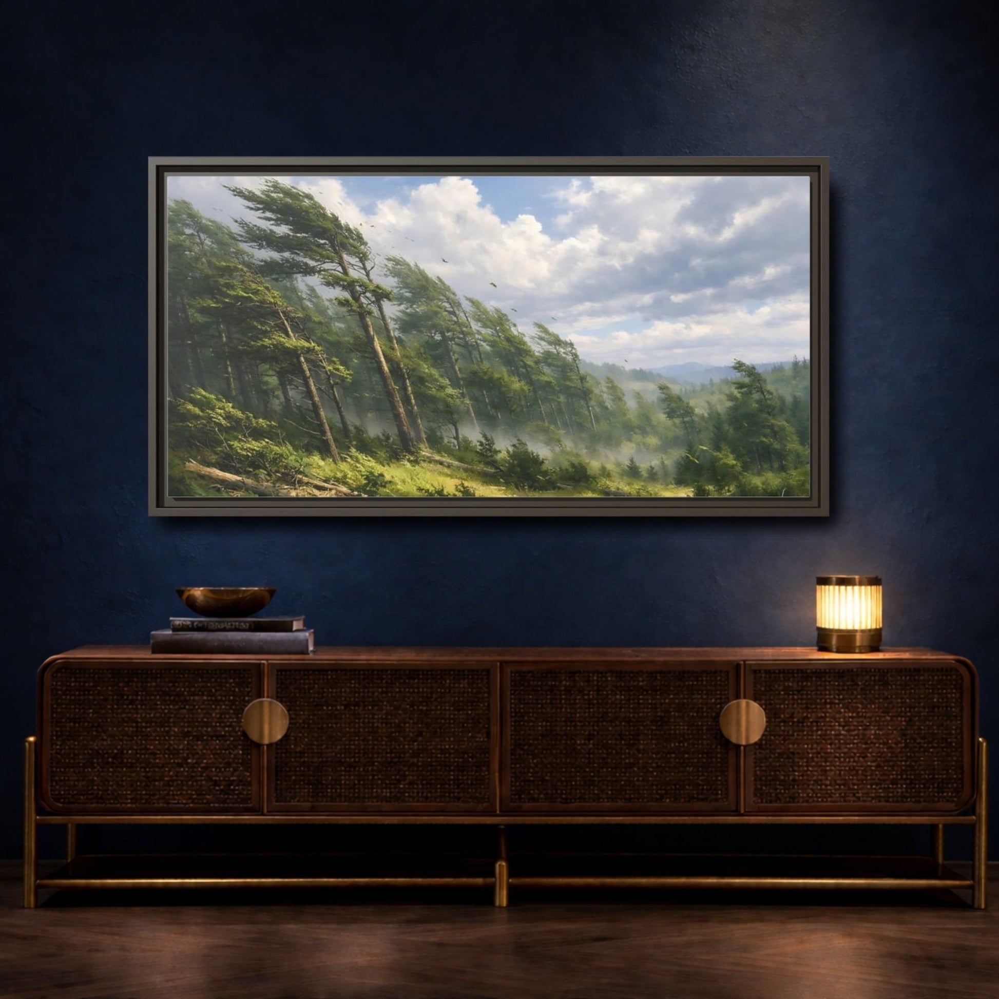 Landscape Nature Wind - Blown Trees Green And - Framed Canvas Wall Art Print - YesArtYes