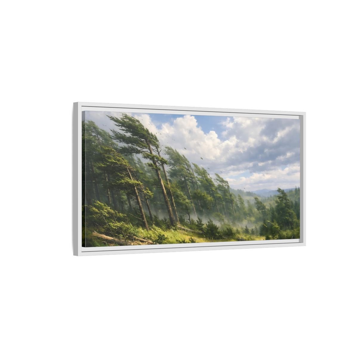 Landscape Nature Wind - Blown Trees Green And - Framed Canvas Wall Art Print - YesArtYes