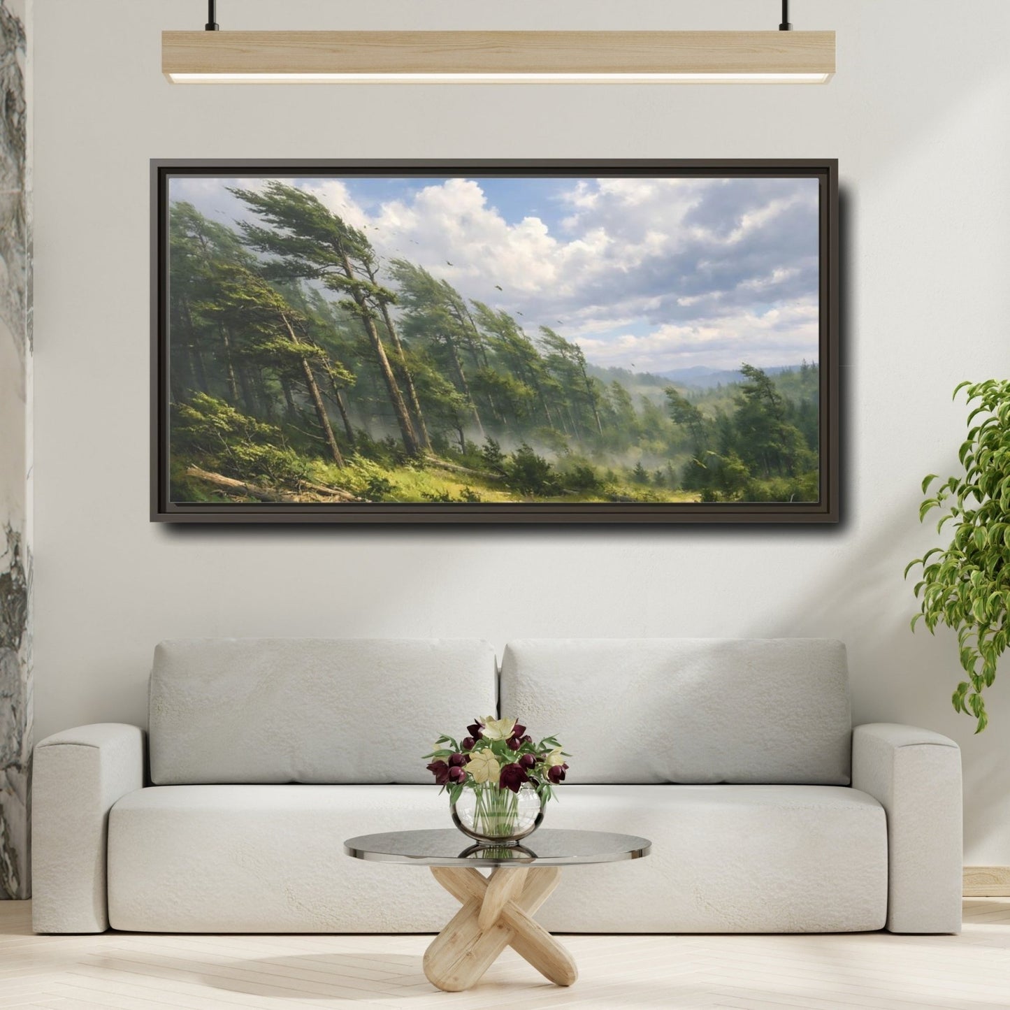 Landscape Nature Wind - Blown Trees Green And - Framed Canvas Wall Art Print - YesArtYes