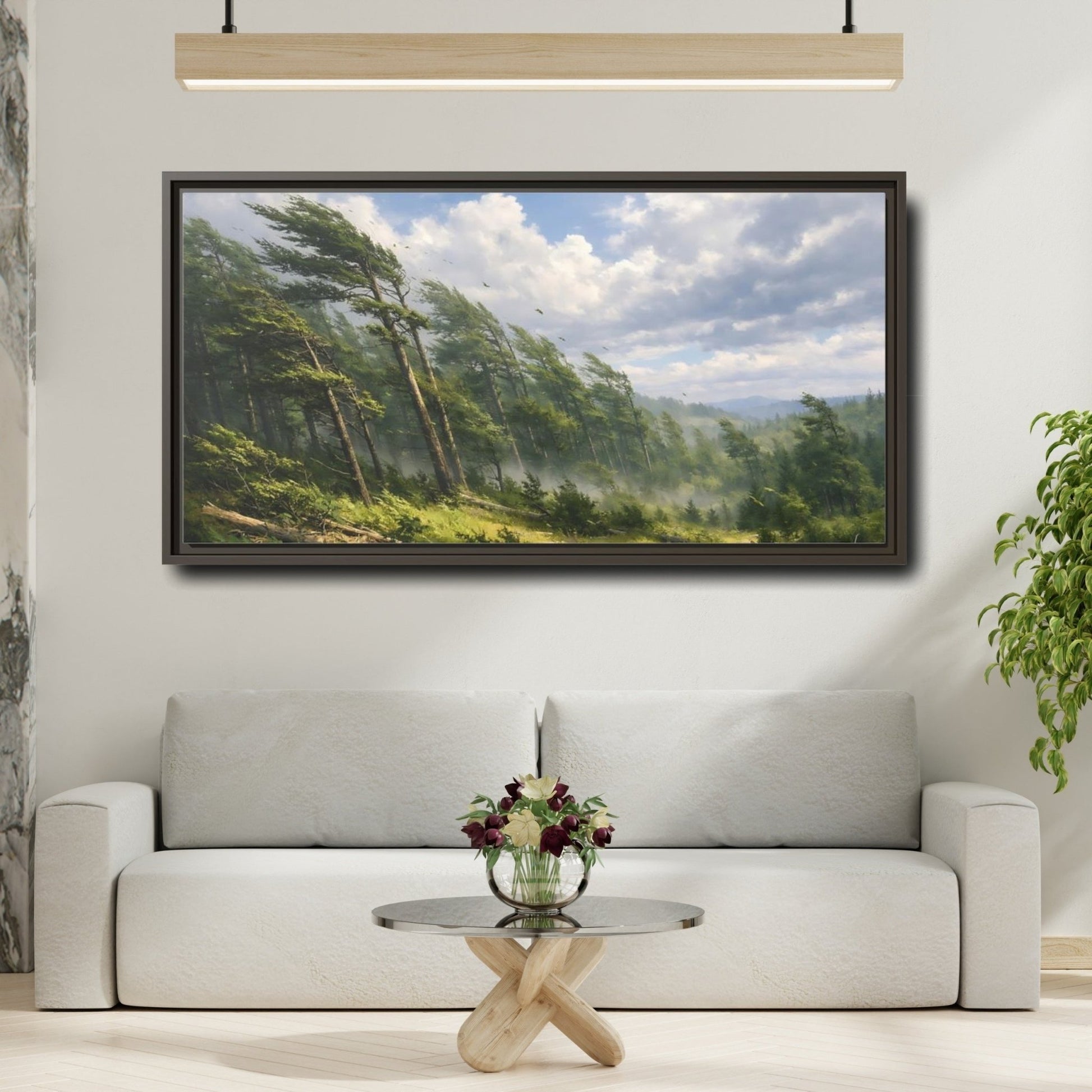 Landscape Nature Wind - Blown Trees Green And - Framed Canvas Wall Art Print - YesArtYes