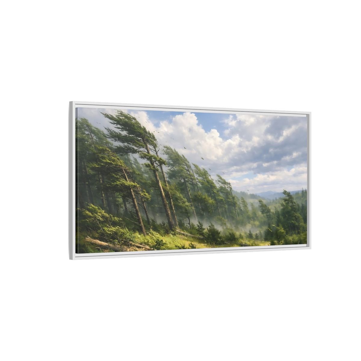 Landscape Nature Wind - Blown Trees Green And - Framed Canvas Wall Art Print - YesArtYes