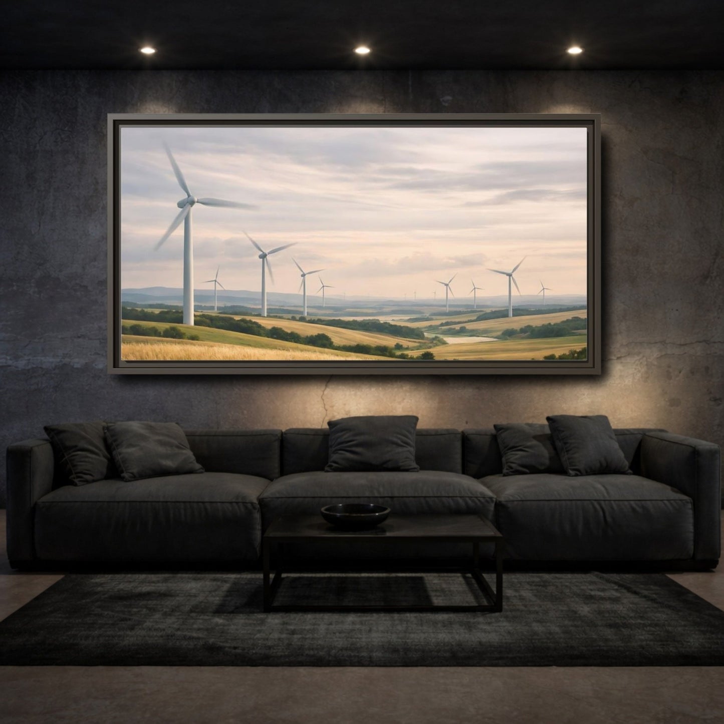 Landscape Nature Wind Farm Golden Field - Framed Canvas Wall Art Print - YesArtYes