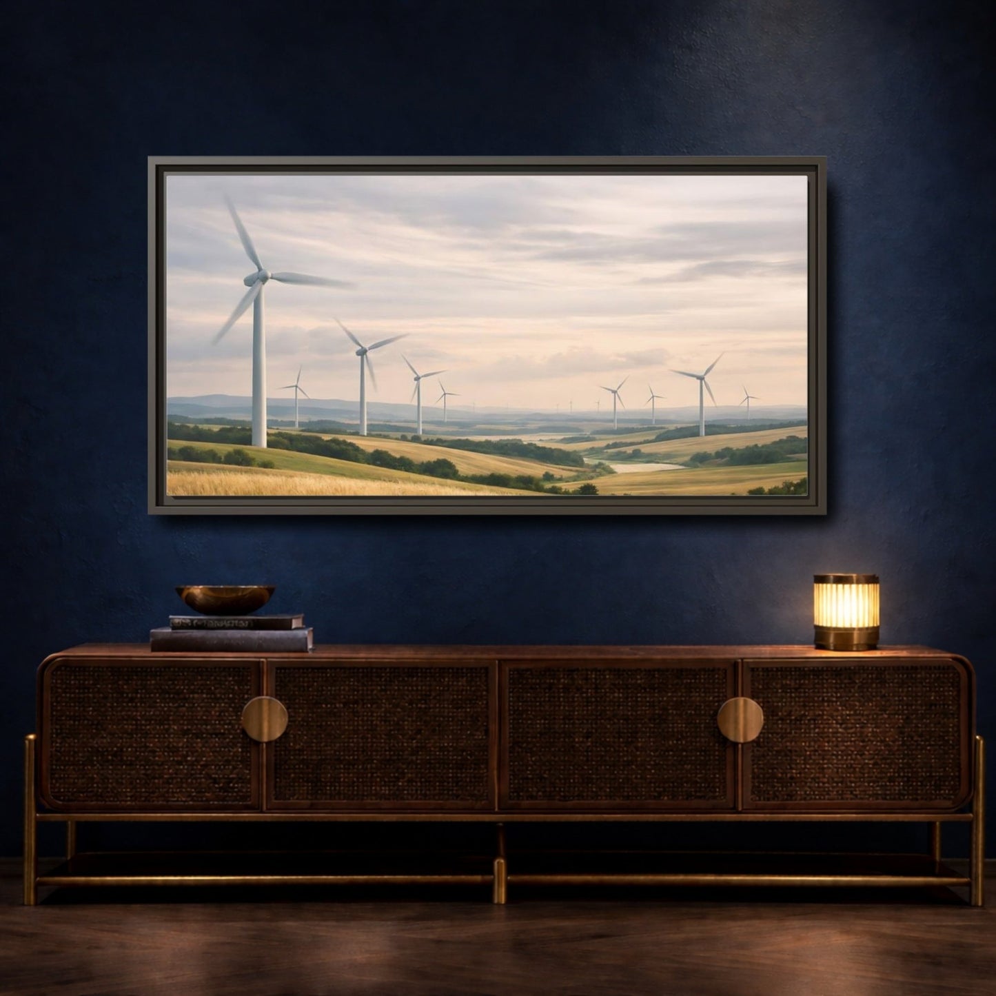 Landscape Nature Wind Farm Golden Field - Framed Canvas Wall Art Print - YesArtYes