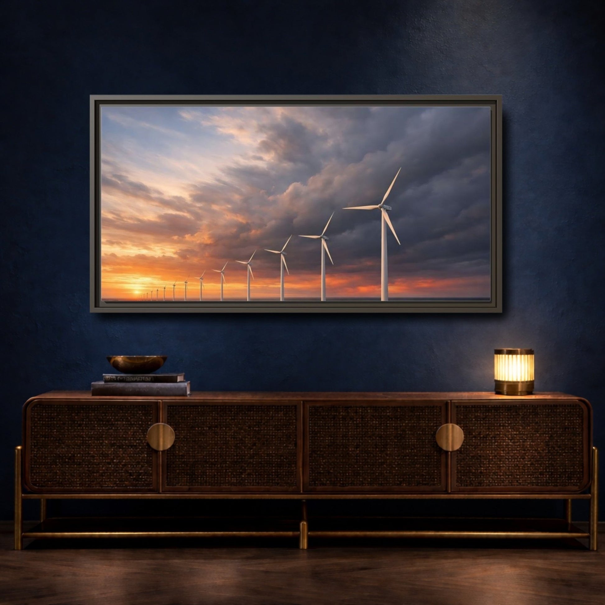 Landscape Nature Wind Farm Orange Blue - Framed Canvas Wall Art Print - YesArtYes