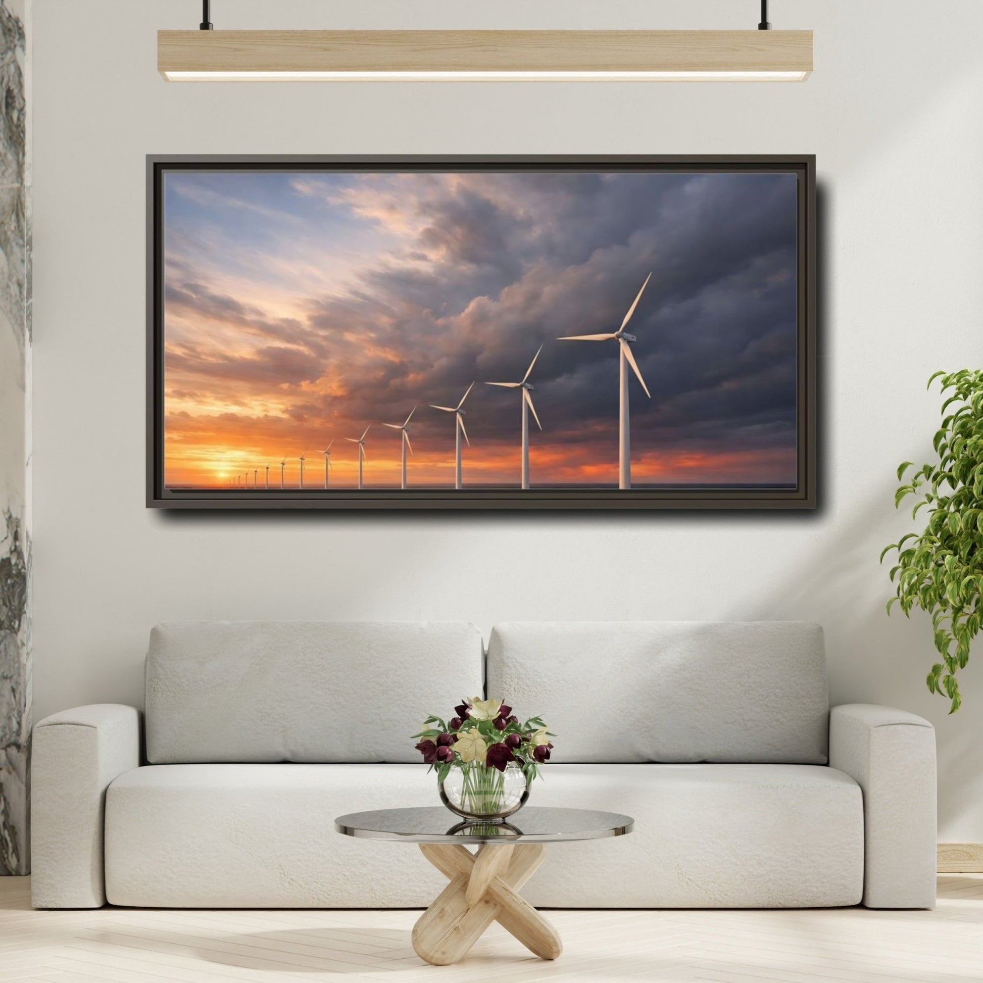 Landscape Nature Wind Farm Orange Blue - Framed Canvas Wall Art Print - YesArtYes