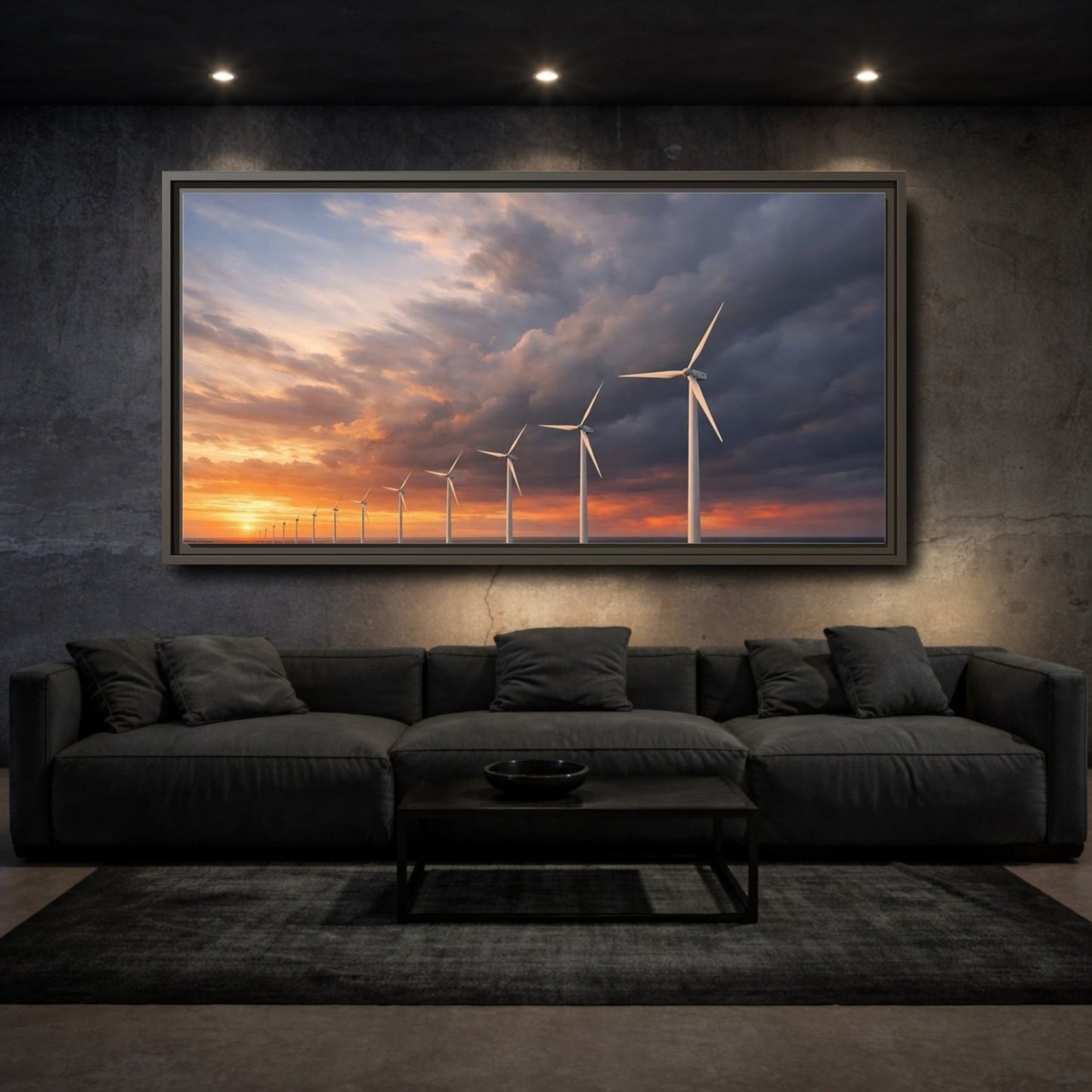 Landscape Nature Wind Farm Orange Blue - Framed Canvas Wall Art Print - YesArtYes