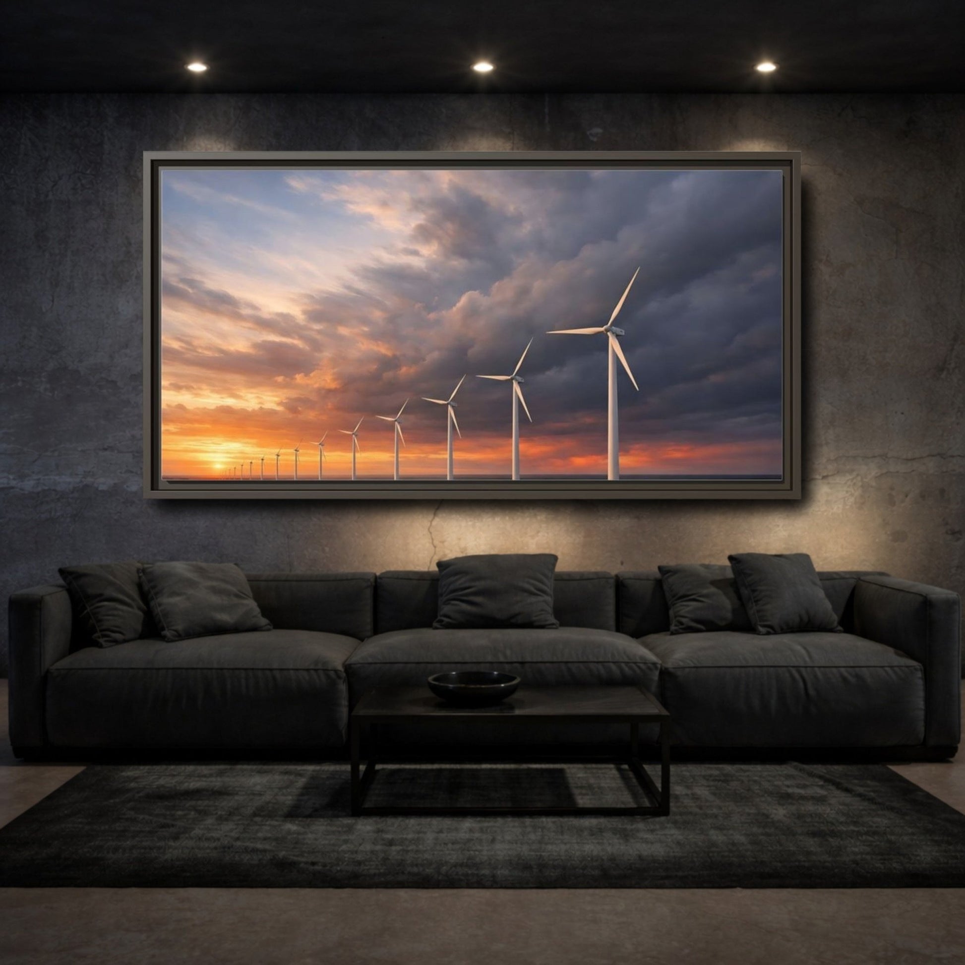 Landscape Nature Wind Farm Orange Blue - Framed Canvas Wall Art Print - YesArtYes