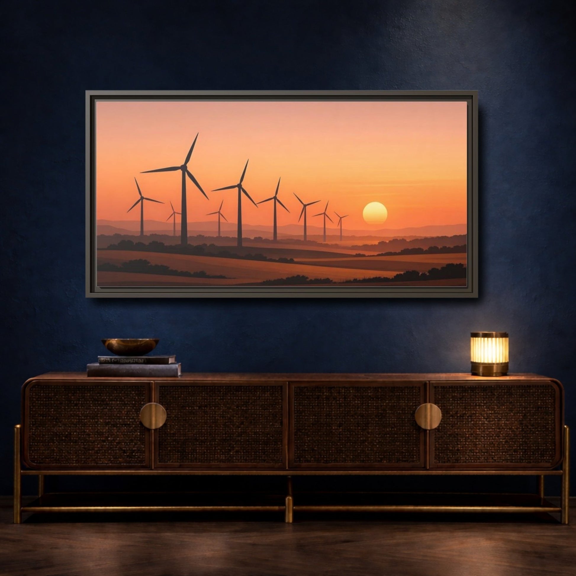 Landscape Nature Wind Farm Orange Sunset - Framed Canvas Wall Art Print - YesArtYes