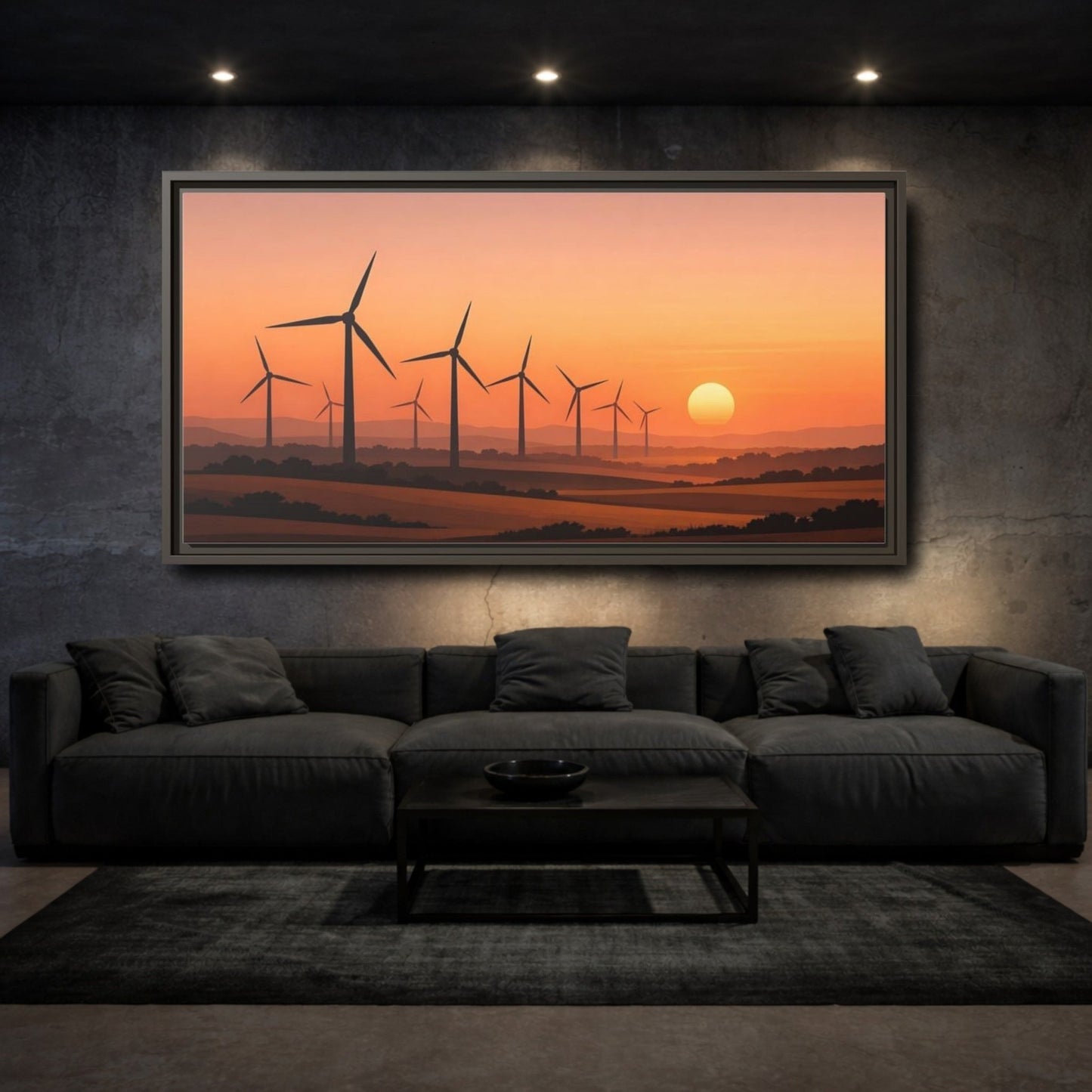 Landscape Nature Wind Farm Orange Sunset - Framed Canvas Wall Art Print - YesArtYes