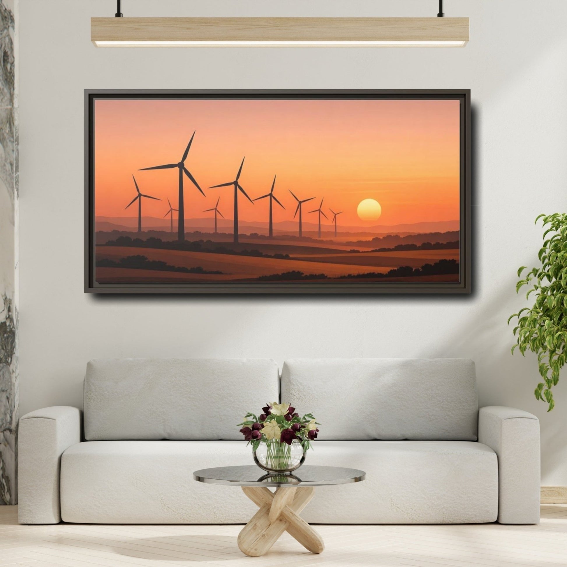 Landscape Nature Wind Farm Orange Sunset - Framed Canvas Wall Art Print - YesArtYes