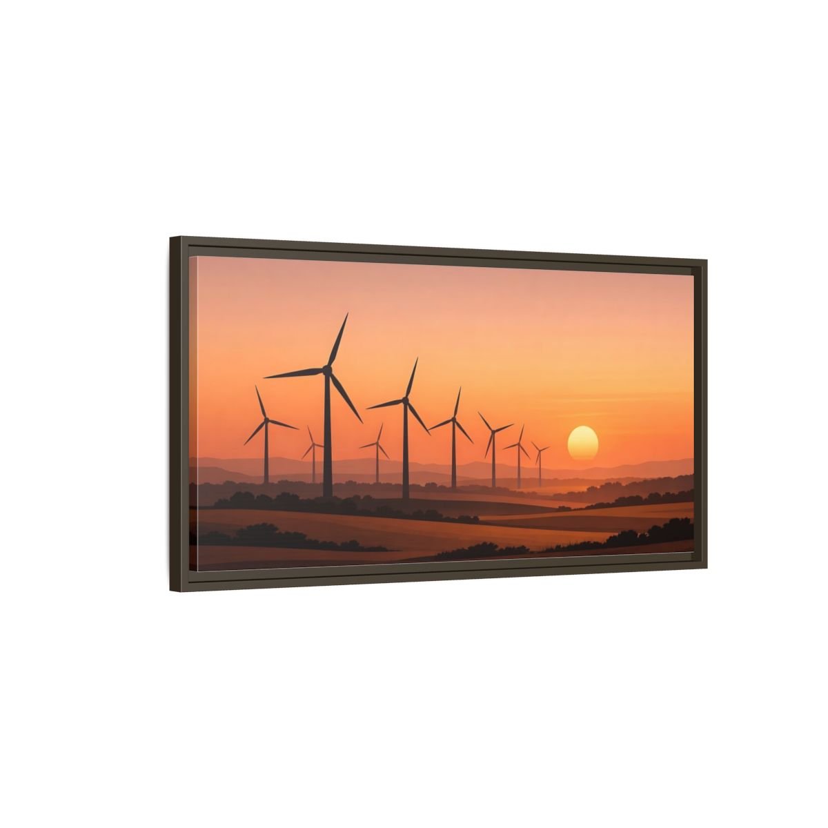Landscape Nature Wind Farm Orange Sunset - Framed Canvas Wall Art Print - YesArtYes