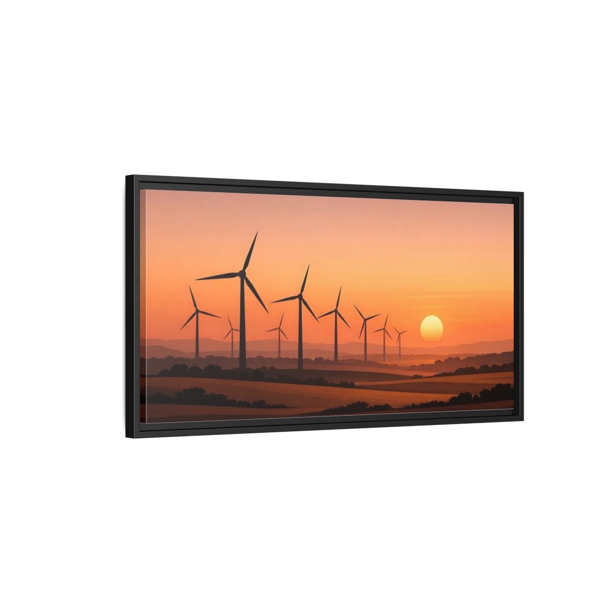 Landscape Nature Wind Farm Orange Sunset - Framed Canvas Wall Art Print - YesArtYes