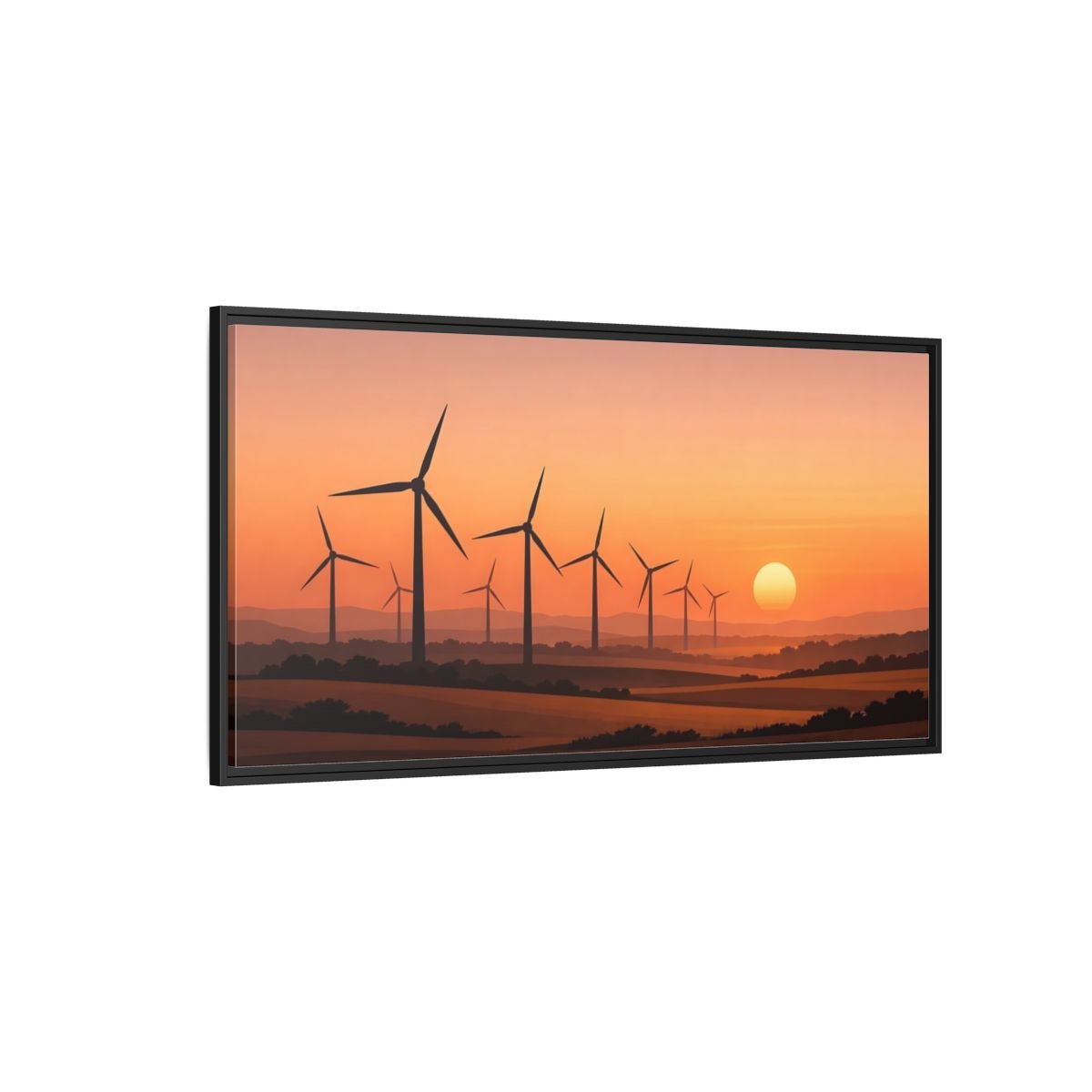 Landscape Nature Wind Farm Orange Sunset - Framed Canvas Wall Art Print - YesArtYes