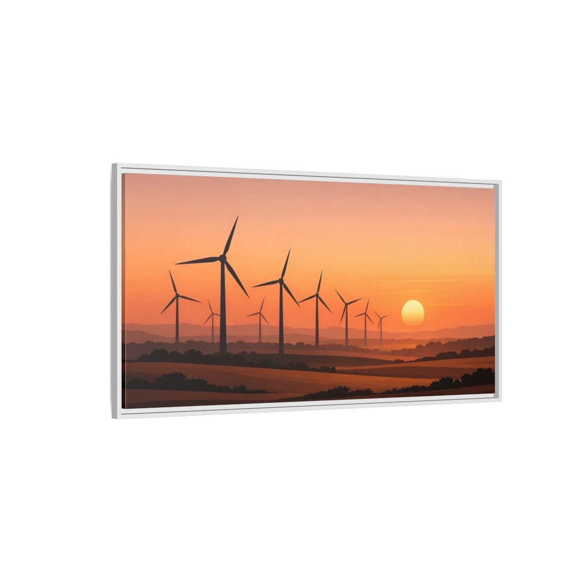 Landscape Nature Wind Farm Orange Sunset - Framed Canvas Wall Art Print - YesArtYes
