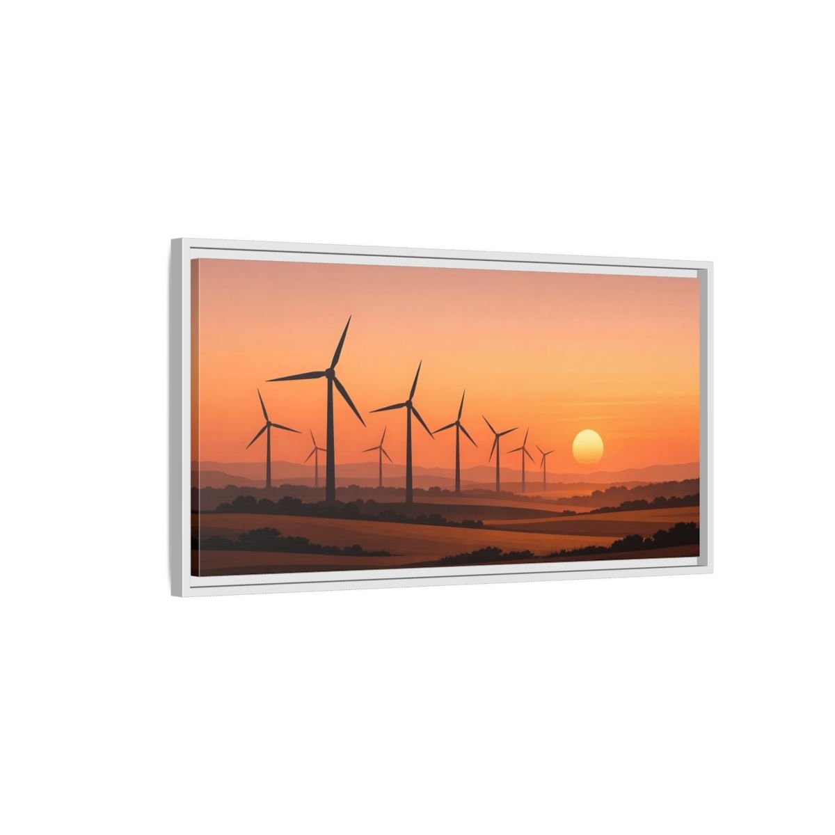 Landscape Nature Wind Farm Orange Sunset - Framed Canvas Wall Art Print - YesArtYes